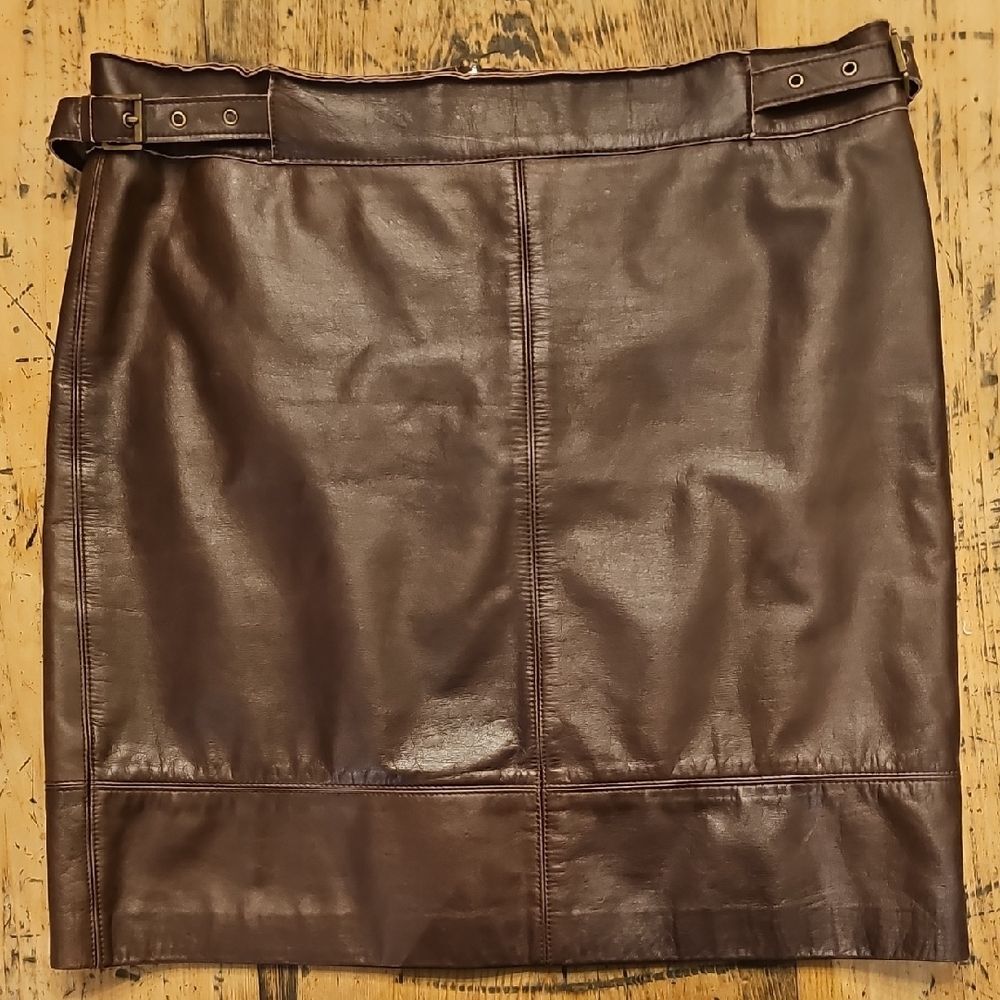 LAUNDRY By SHELLI SEGAL Vtg‎ Y2K Brown Genuine Leather Pencil Skirt Women's 8